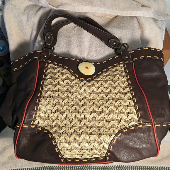 Kate Landry Handbags - Kate Landry Shoulder Bag Straw Style Leather Trim Brown Large
